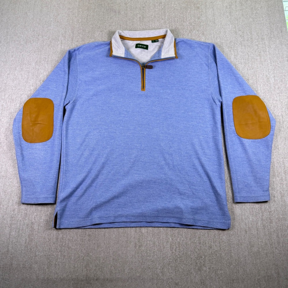Orvis Pullover Sweater Mens Large Blue Leather Elbow Patches Quarter Zip